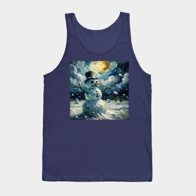 Snowman in a Starry Night Vista - Van Gogh-Inspired Winter Art Tank Top by Edd Paint Something